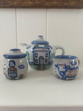 Hadley Hand-Painted Blue/Green/Rust Country Theme Ceramic Teapot and Creamer Set